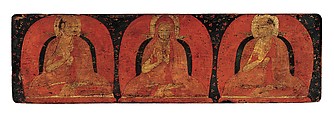 Pair of Manuscript Covers with Three Deities and Three Hierarchs, Distemper and gold on wood, Tibet